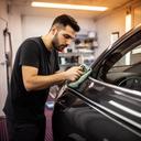 Haziri Hasret bei der Detailpflege eines dunklen Fahrzeugs im beheizten Trockenbereich
